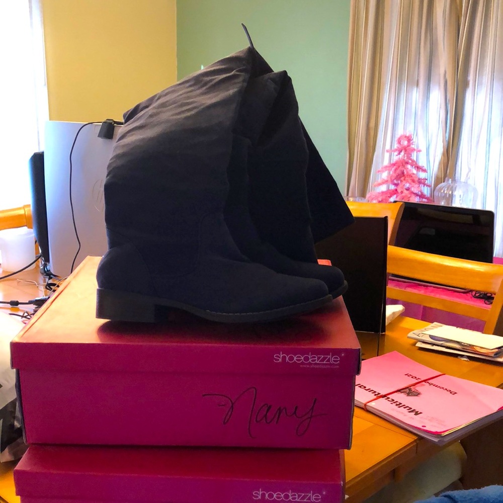 Shoedazzle thigh high navy blue suede boots, EUC, size 8W